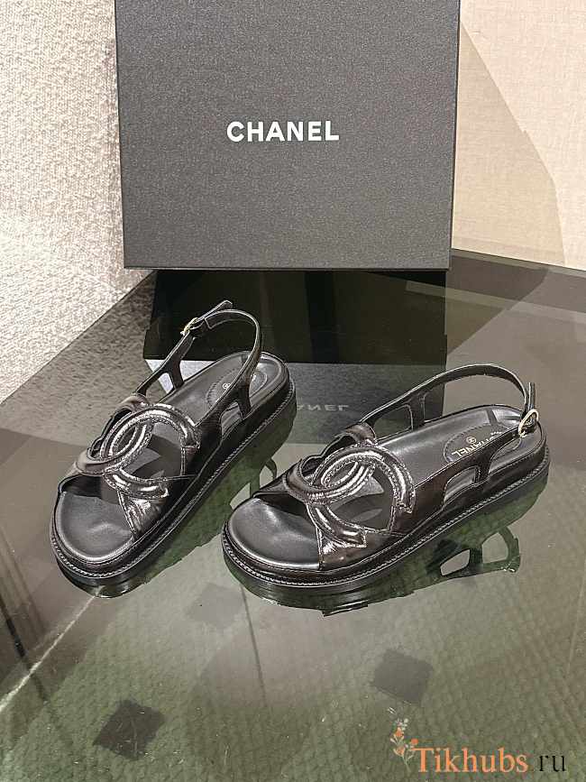 Chanel Shiny Lambskin Dad Sandals Black - 1