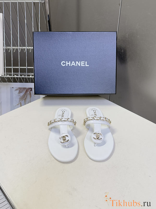 Chanel White Leather T-Strap Thong Sandals - 1