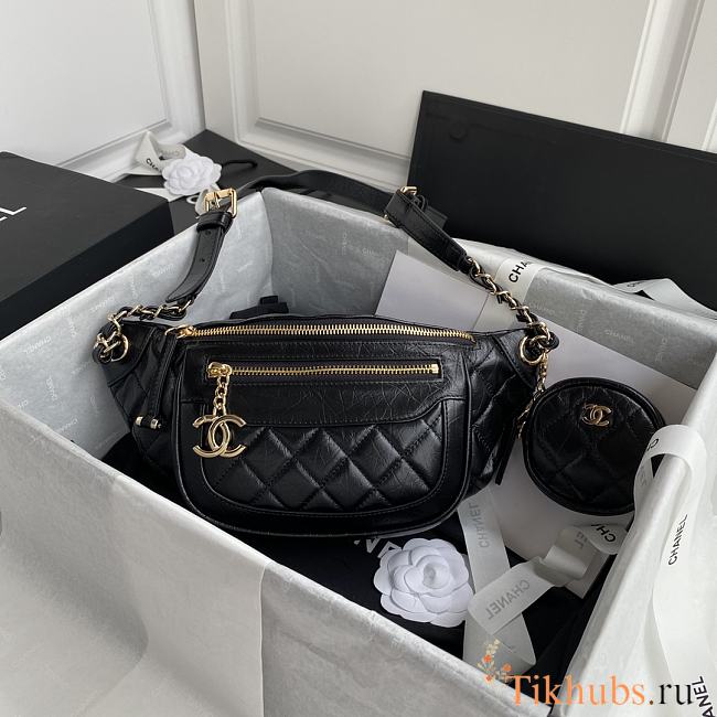  Chanel Aged Calfskin Quilted Waist Bag with Coin Purse Black 34x15x6cm - 1