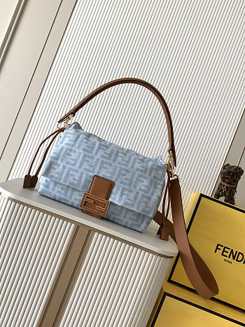 Fendi Light Blue FF Denim Mamma Baguette Bag 26.5x8.5x18cm